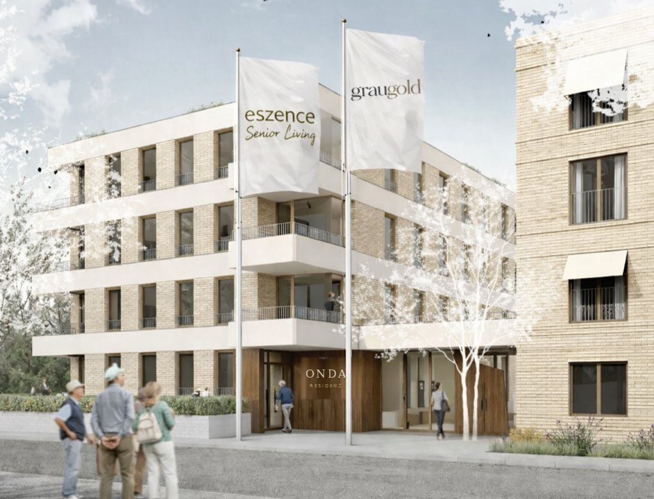 Rendering eines Senior-Living-Neubaus mit Eingang und Vorplatz